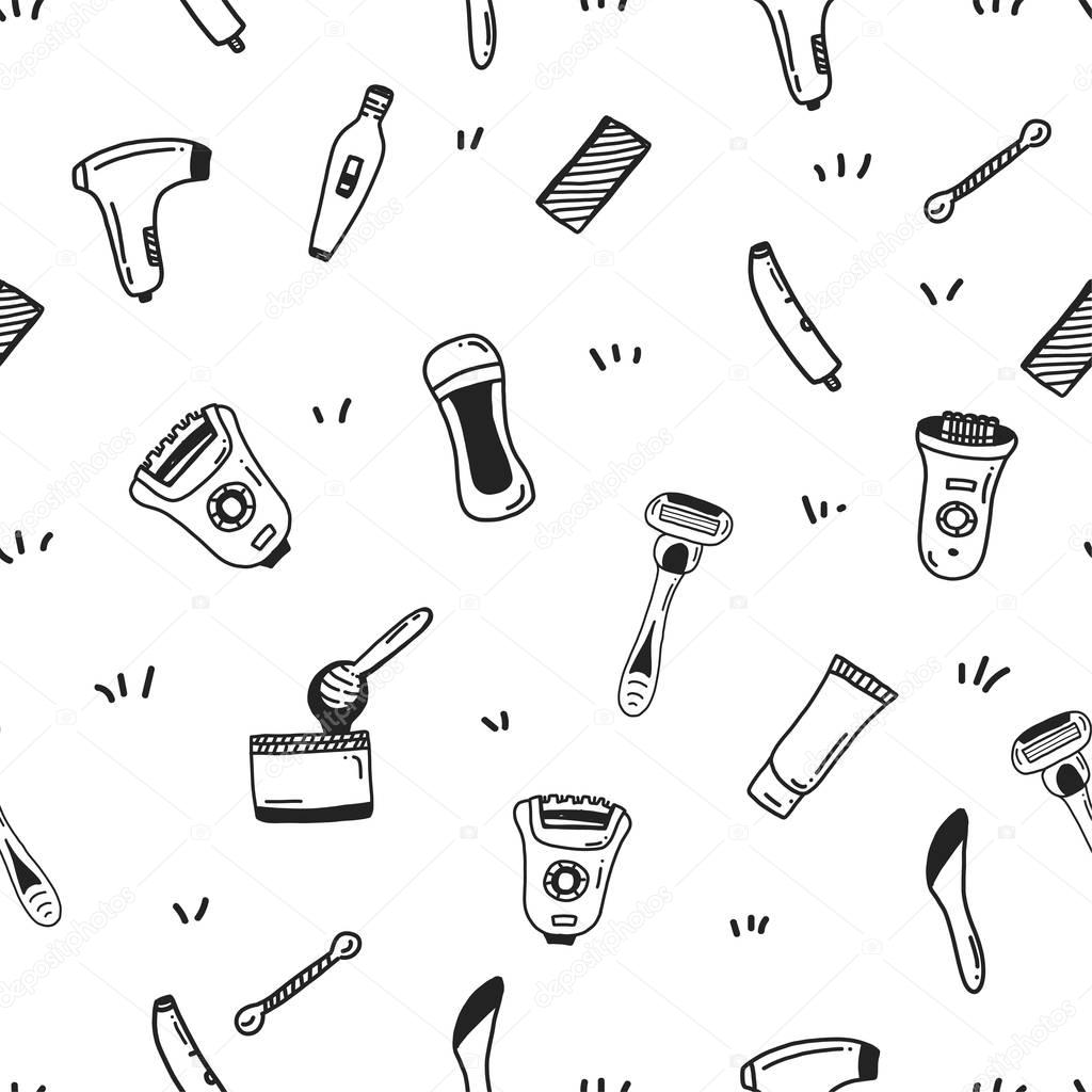 Hair removal Seamless pattern with flat line icons. Types of Epilation for site background, business card, banner. Hand drawn vector illustration.
