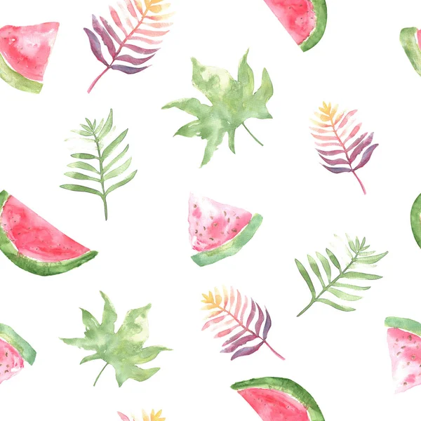 Seamless watercolor pattern with watermelon fruit and tropic leaves. Summer decoration for apparel, wrapping — Stock Photo, Image