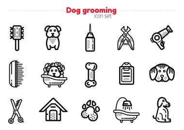 Köpek köpek, kemik, clipper, tarak iz Hat sanatı simgeler kümesi. Tasarımınız için şık hayvan ekipmanları