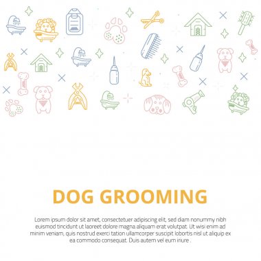 Köpek çizgi sanat afiş köpek, kemik, kesme işaretiyle damat, tarak. Promo tasarımınız için şık hayvan ekipmanları