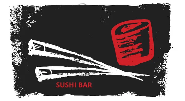 Diseño del logotipo de Sushi Grunge. Banner de comida japonesa para el menú de café en la mancha oscura — Vector de stock