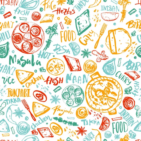 Indiai élelmiszer varrat nélküli mintát háttér betűkkel. Modern vázlat ázsiai menü — Stock Vector