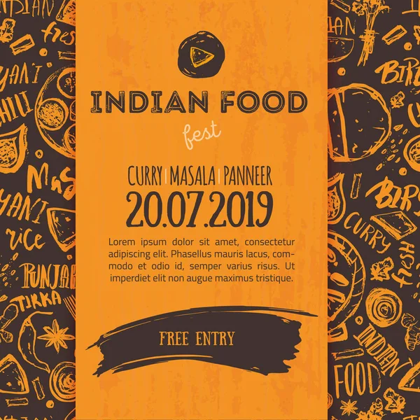 Menú de comida india fondo con letras. Flyer moderno del boceto para la cafetería . — Archivo Imágenes Vectoriales