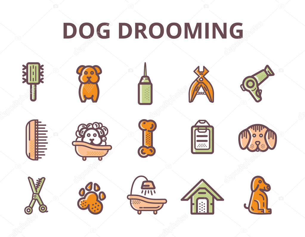 Set of dog grooming Line art Icons with sign of dog, bone, clipper, comb. Stylish animal equipment for your design
