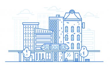 Şehir yatay çizgi sanat tasarım konsepti Web sitesi arka plan için. Kentsel cityscape şehir mimarisine sahip. Doğrusal stili.