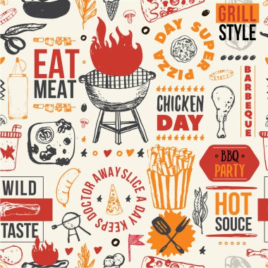 Tipografi Barbekü seamless modeli. Barbekü menüsü doku ızgara gıda ile.