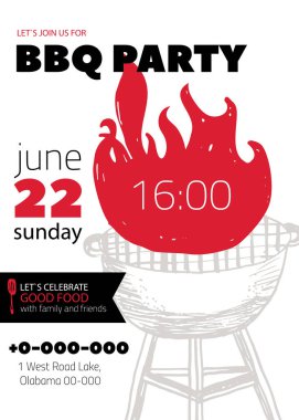 Grunge Barbekü partisi davetiyesi şablon afiş, el ilanları için. Barbekü Izgara beyaz arka plan üzerinde manu. Retro piknik tarzı
