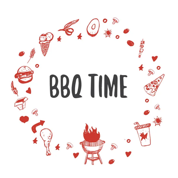 Barbecue cirklade mall för din fest med grunge ikoner och ram. BBQ vintage grill bakgrund. — Stock vektor