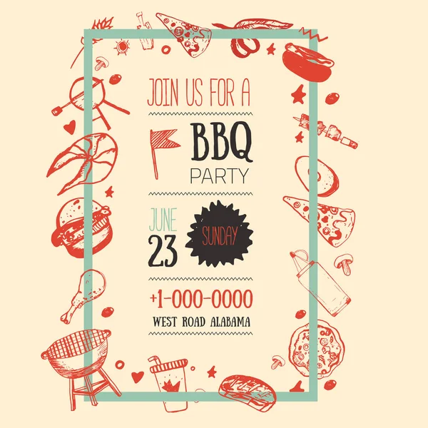 Barbecue Flyer Template for your party with grunge icons and frame. BBQ vintage grill background. — Stock Vector