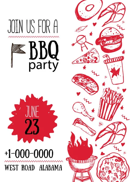 Grunge BBQ Party Invitation Template pour affiches, dépliants. Barbecue grill manu sur fond blanc. Style pique-nique rétro — Image vectorielle