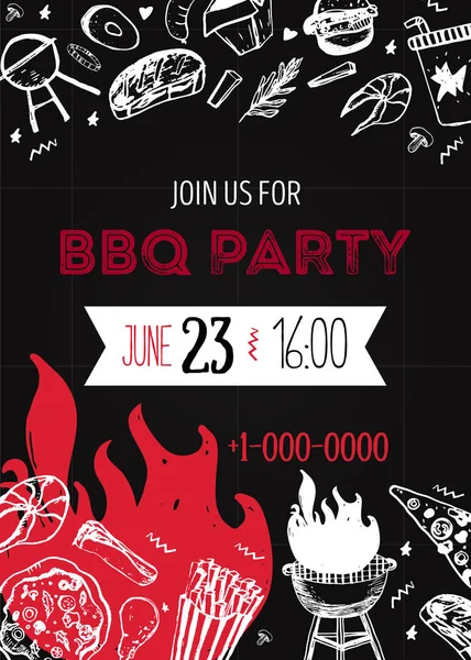 Grunge BBQ Party Invitation Template pour affiches, dépliants. Barbecue grill manu sur fond sombre. Style pique-nique rétro — Image vectorielle