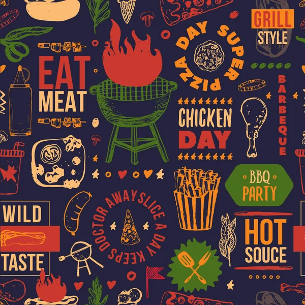 Barbecue Party typographie vectorielle motif sans couture. avec steak, saucisse, grillades sur fond sombre pour votre fête . — Image vectorielle