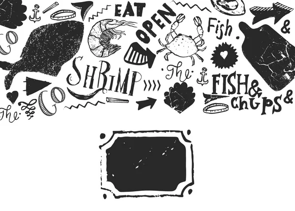 Skaldjursmeny med skiss fisk och bokstäver. Identitet för restaurang och café. Handritad formgivningsmall med handritade illustrationer — Stock vektor