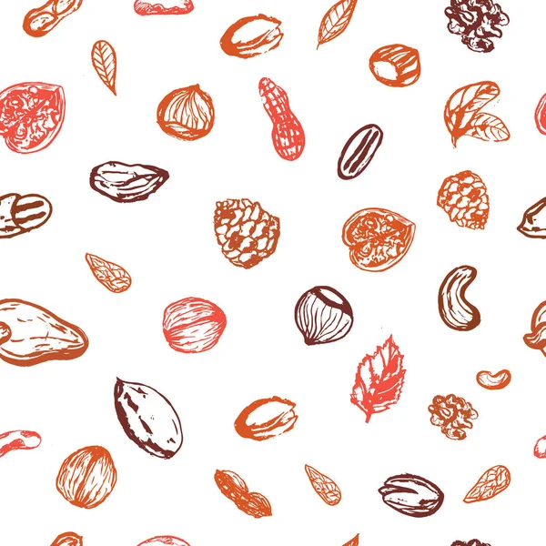 ヘーゼル ナッツ、クルミ、松の実、ペカン、ピーナッツと秋の色を茶色にグランジ ナッツ シームレス パターン。ロゴ、アイコンのデザインの健康な手描きスナック コレクション — ストックベクタ