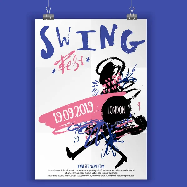 Cartel fiesta Swing Dance con manchas grunge, líneas y formas modernas. Folleto del evento musical — Archivo Imágenes Vectoriales