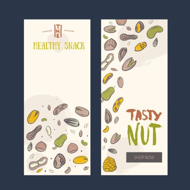 Fındık gıda afiş fındık, ceviz, çam fıstığı, ceviz, fıstık ile ayarlayın. Promosyon, logo, simgesi tasarım için sağlıklı elle çizilmiş aperatif koleksiyonu