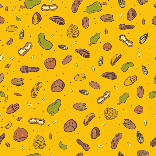 Bright nuts seamless pattern in brown autumn color with hazelnut, walnut, pine nuts, pecan, peanut. Healthy hand drawn snack collection for logo, icon design — Stock Vector