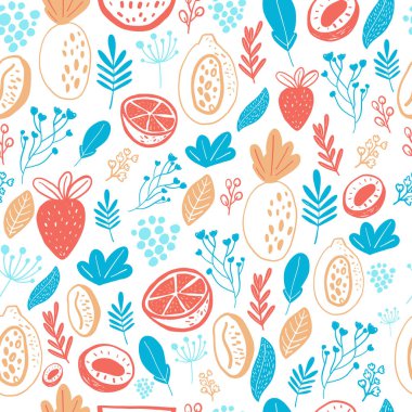 Çizgi film doodle Dikişsiz desen arka plan üzerinde beyaz meyve ile. Vektör doodle çilek, çiçek öğeleri