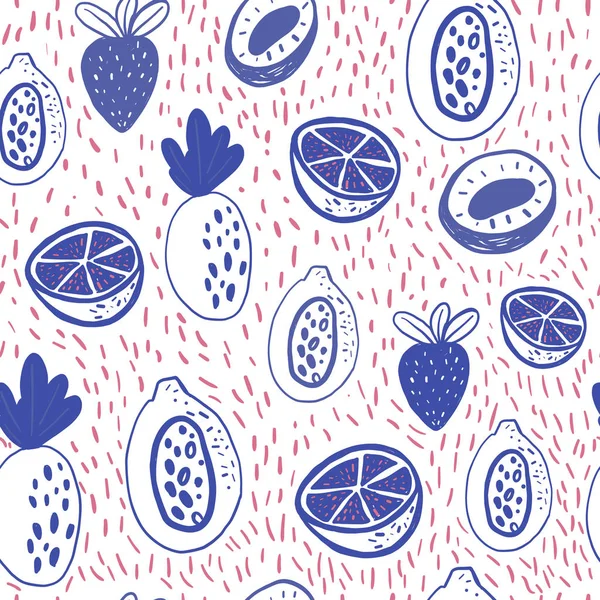Cartoon doodle Seamless pattern background with fruits on white. Vector doodle strawberry, floral elements — Stock Vector