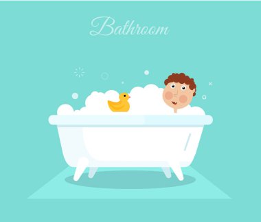 Sarı ördek banyo duş ile düz boy gülümseyerek. Çizgi film hijyen illüstrasyon