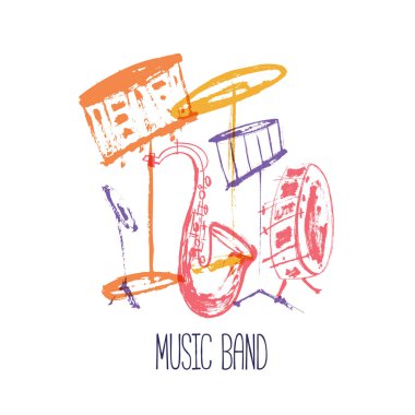 Müzik grubu poster ile aletleri davul. Grunge vektör caz el ilanı