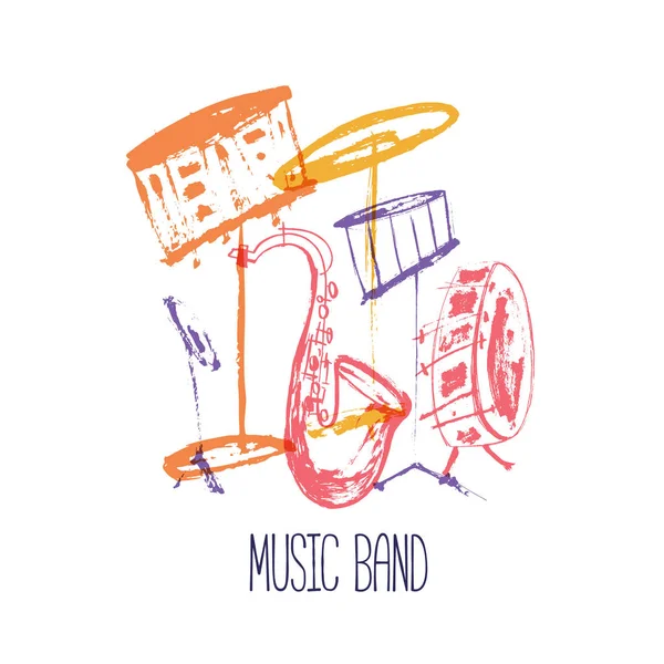 Tambour Affiche de groupe de musique avec instruments. Flyer de jazz vecteur Grunge — Image vectorielle