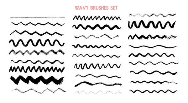 Wavy Brush zestaw atramentu. Uderzenie grunge kształt granicy. Ręcznie rysowana czarna linia, nowoczesne tło — Wektor stockowy