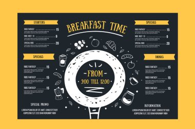 Kahvaltı menüsü, restoran şablonu tahtada. Alarm, meyve, tabak, kruvasan ikonlu karatahta posteri