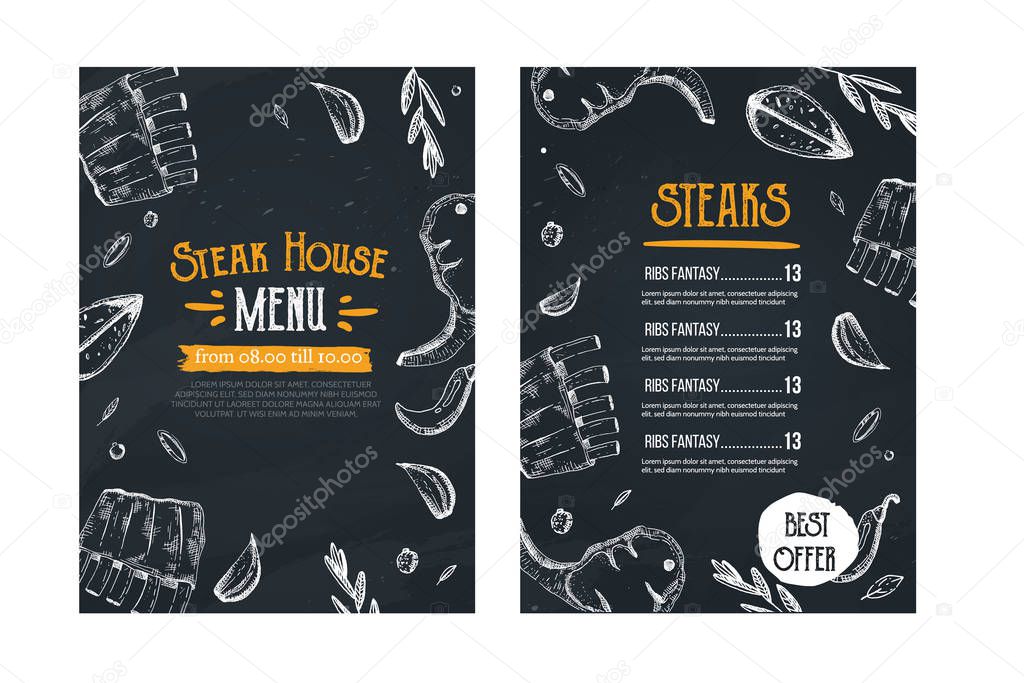 Steak menu, restaurant template on chalkboard. Blackboard poster with sketch icons with ribs, meat.