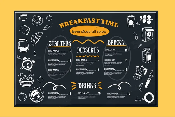 Frühstücksmenü, Restaurantvorlage auf Tafel. Tafel-Poster mit Doodle-Symbolen mit Wecker, Obst, Teller, Croissant — Stockvektor