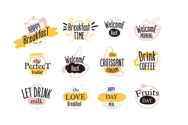 Meny Logotypmärke set. Frukostetikettsamling, vektorikon, konditorimärke, kaffetypografi — Stock vektor