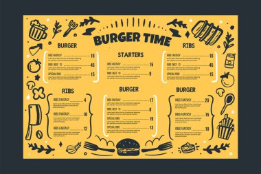 Sarı arka planda hamburger restoranının menü şablonu. Grill Bbq menüsü, skeç kapağı şablonu, Amerikan mutfağı.