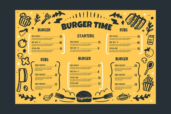 Burger restaurang vafe meny mall på gul bakgrund. Grill Bbq meny, Skiss täckmall, amerikanskt kök — Stock vektor