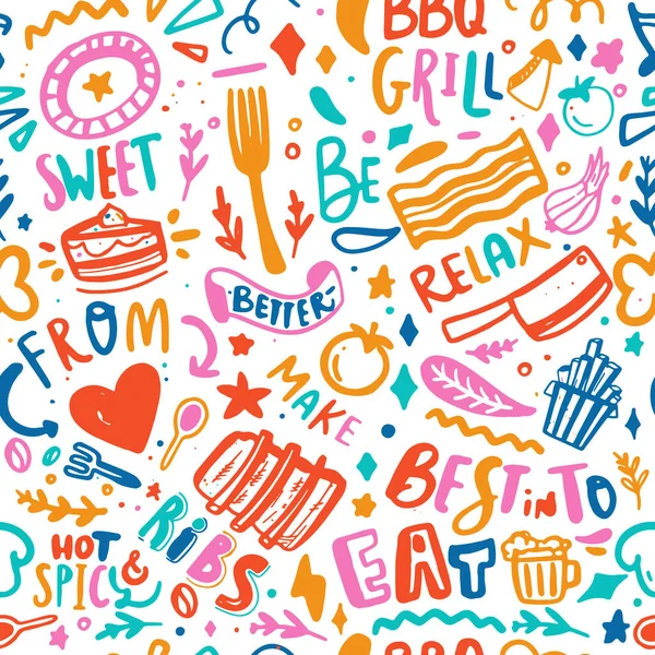 Desain Pola Tanpa Laut BBQ Menu berwarna, Latar belakang vektor barbekyu makanan. Ilustrasi Doodle dengan huruf - Stok Vektor
