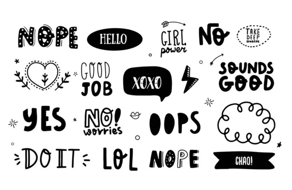 Social Media Social Sticker, Schriftzug, Emoticon-Symbol, trendiger Text mit nope, ja, do it, klingt gut motivierende Phrasen — Stockvektor