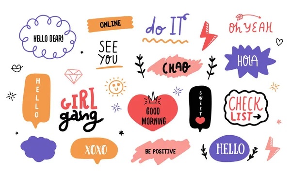 Moderne doodle Social power belettering sticker pack met spraakbelletjes, typografische berichtenset, vectorchat badge — Stockvector
