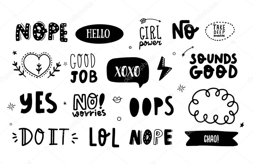 Social Media social sticker, lettering badge, emoticon icon, trendy text with Nope, Yes, Do It, Sounds Good motivational phrases