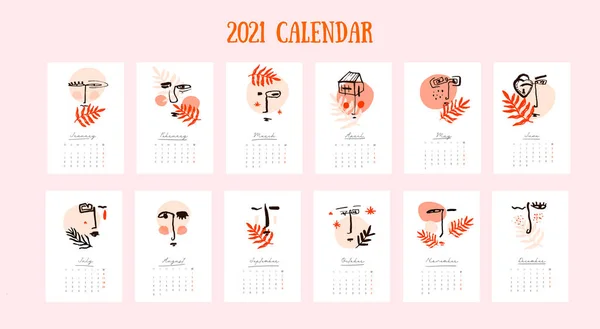 2021 Ημερολόγιο τοίχου με αφηρημένο πρόσωπο σε παστέλ χρώματα. 12 μήνες κανονίστηκαν. Η εβδομάδα αρχίζει τη Δευτέρα. Κάθετη A4. — Διανυσματικό Αρχείο