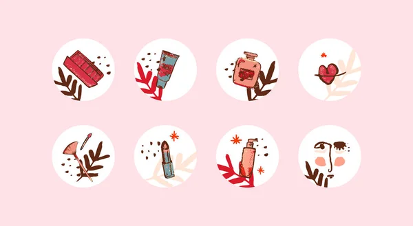 Aspectos destacados de belleza íconos grunge. Fondo aislado de moda. Diseño de plantilla vectorial. Redes sociales creativas con iconos de maquillaje, cara y hojas — Vector de stock