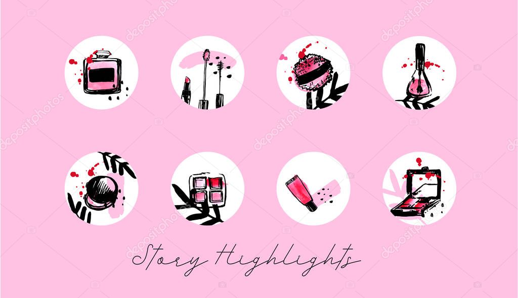 Beauty Highlights grunge icons. Fashion Isolated background. Vector template design. Creative Social media with make up icons and leaves