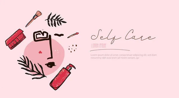 Banner de cara de grunge rosa pastel con cosméticos y hojas tropicales, diseño cotnemporal moderno — Vector de stock