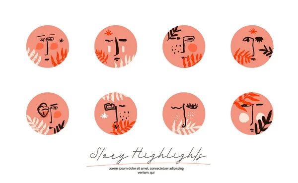 Beauty Highlights grunge iconen. Mode Geïsoleerde achtergrond. Vector template ontwerp. Creatieve sociale media met gezicht en bladeren — Stockvector