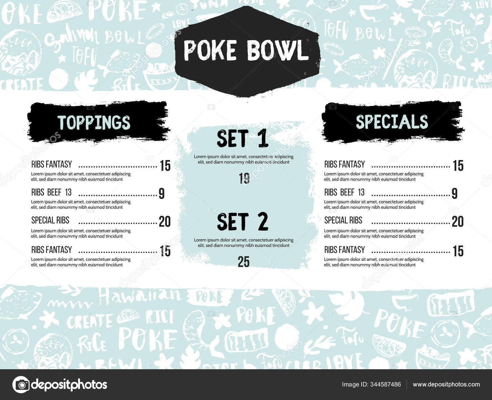 Modern Poke bowl restaurant menu design. Colorful grunge cafe Throughout Hawaiian Menu Template