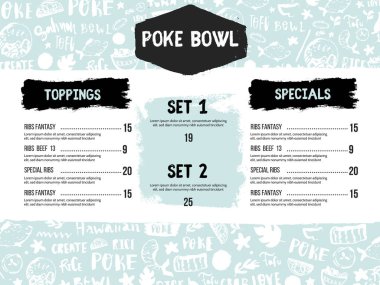 Modern Poke Bowl Restoran Mönüsü Tasarımı. Renkli grunge kafe şablonu, sağlıklı Hawai besin, balık afişi