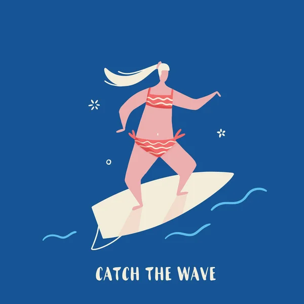 Surf Quote Poster, Vektor Hawaiian Poster, tropische Postkarte im Cartoon-Stil mit Mädchen im Bikini — Stockvektor
