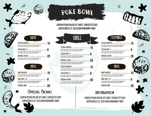 Poke bowl restaurant menu design. Modèle de café grunge coloré, nutrition hawaïenne saine, bannière de poisson — Image vectorielle