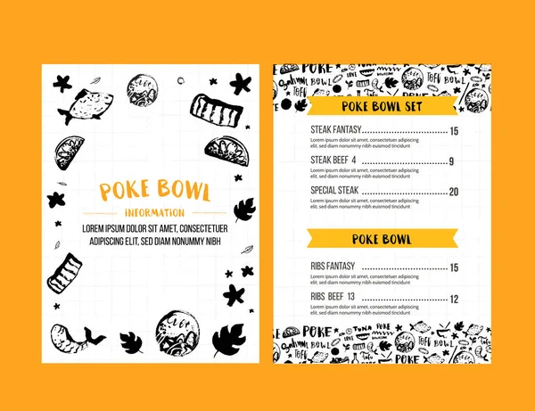 Diseño de menú de restaurante Poke bowl. Plantilla colorida de café grunge, nutrición hawaiana saludable, pancarta de pescado — Archivo Imágenes Vectoriales