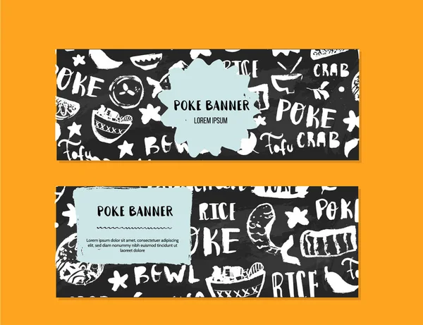 Poke tál étterem banner design. Színes grunge kávézó sablon, egészséges hawaii táplálkozás, hal banner — Stock Vector