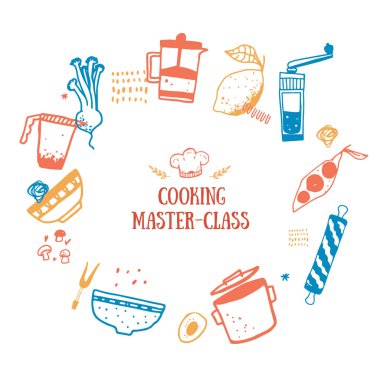 Aşçılık Master sınıfı, vektör aşçılık afişi, restoran illüstrasyonu, mutfak broşürü