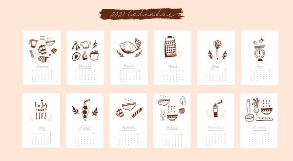 Kitchen calendar background for 2021, vector food ingredients, fun recipe in vintage style — Stock Vector